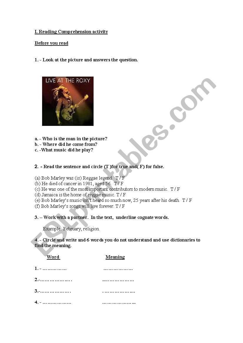 Bob Marley`s biography worksheet